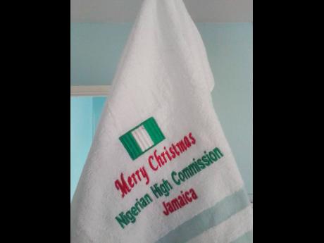 A bath towel gift from the Nigerian High Commission in Jamaica. 