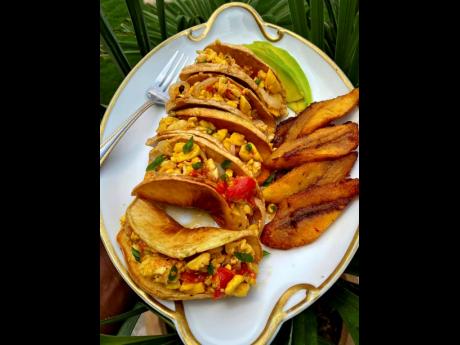 Ackee and salt fish with a Mexican-Jamaican twist — breadfruit ‘tacos’.