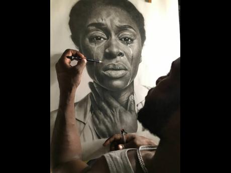 Drawing on inspiration, this graphite and charcoal production resulted in Lewis capturing the raw emotions of the grieving subject. 