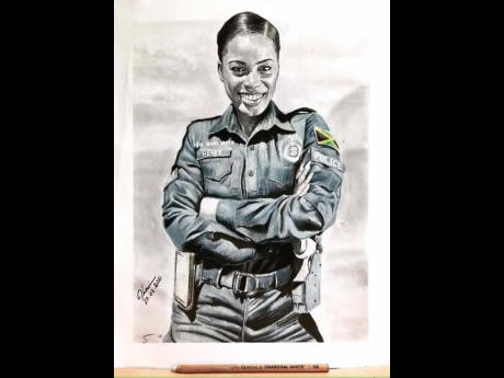 This beauty serves and protects. She is Queen Cop. Lewis dedicated this drawing to the 2019 Miss Universe Jamaica third runner-up, policewoman Sasha Henry. 