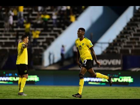 Jamaica’s Damion Lowe celebrates what would have been Jamaica’s second goal if not for a foul in the Jamaica’s Reggae Boyz vs United States in the 2022 Concacaf World Cup Qualifier held at the Independence Park, National Stadium in St Andrew, Jamaica
