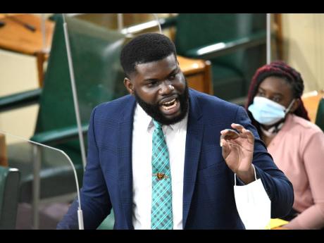 Deshawn Cooke, representing Trelawny Northern, gestures while delivering an address during the 12th sitting of the National Youth Parliament on Monday.
