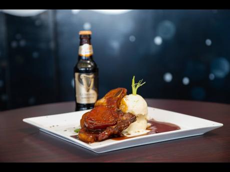 left: Lunch is served! Chef Knight presenting his Guinness-infused sweet Scotch pork chop.