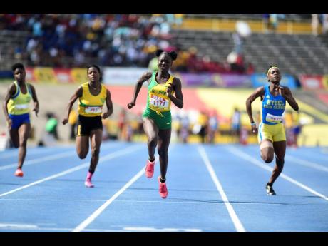 FILE
Brianna Lyston (centre), formerly of St Jago, now at Hydel High School, winning the Class III girls’ 100-metre semi-final at the ISSA/GraceKennedy Boys and Girls’ Athletics Championships back in 2019. 