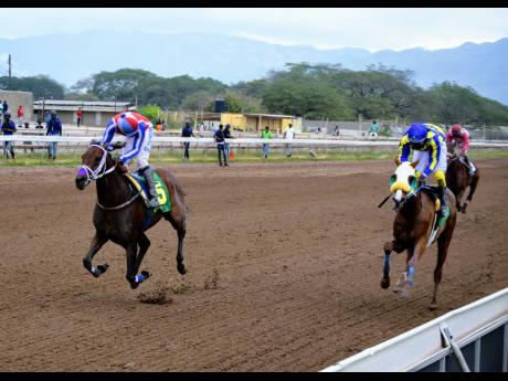 
Calculus (left), ridden by Shane Ellis, holds off a challenge from OneOfAKind (Robert Halledeen) to win the Miracle Man Cup over a distance of nine and a half furlongs at Caymanas Park in St Catherine yesterday.