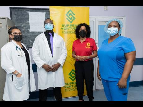 Dr Marsha Chong, consultant, Department of Anaesthesia and Intensive Care; Dr Garth McDonald, senior medical officer, Victoria Jubilee Hospital (VJH); Heather Goldson, Supreme Ventures Foundation (SVF) director; and Nurse Alicia Adamson, ward manager of VJ