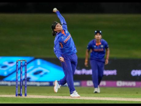 Rajeshwari Gayakwad of India bowls during the Women’s World Cup cricket match between India and Pakistan at Bay Oval in Mt Maunganui, New Zealand, on Sunday.