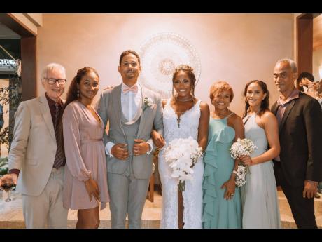 From left: Stepfather of the bride, Jan Voordouw; stepmother of the bride, Abigail Chung; Adam Barakat; Liane Barakat; mother of the bride, Rosemarie Voordouw; sister of the bride, Gabrielle Chung; and father of the bride, Mark Chung.