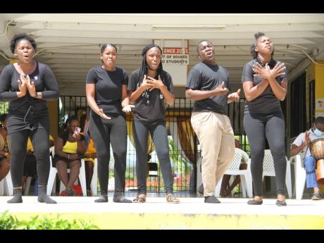 The Garvey Maceo High School culture club doing a skit titled ‘Teacher Stress’ in tribute to their late teacher, Ann-Marie Robb, as the school celebrated her life in music, drama and dance on Sunday.