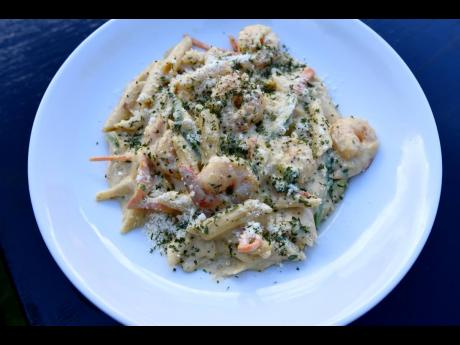 This scrumptious shrimp pasta is one of the many tasty dishes available on the menu. 
