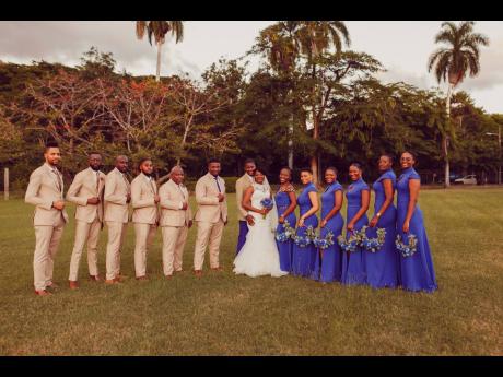 The wedding party (l-r): Mikhail Myers, John Campbell, Joel Campbell, Demar Blaine, Kimani Jackson, Best Man Andre Morgan, The Browns, Maid of Honour Anya-Jean Phillips, Kamiele Codling, Claudeth Morgan, Moyah Pearson, Jewell Campbell and Vanessa Campbell.