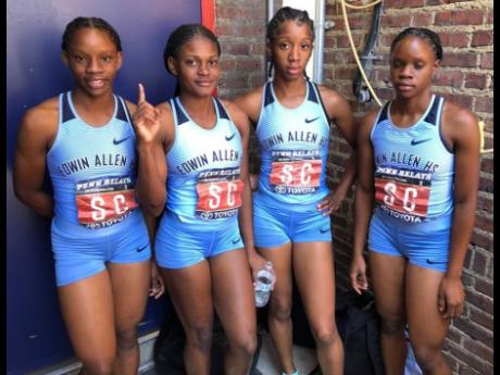 Members of the Edwin Allen High School sprint relay team who ran the fastest time in the heats at the Penn Relays yesterday. From left: Tina Clayton, Brandy Hall, Sheneque Vassell and Tia Clayton. Vassell will be replaced by Serena Cole for today’s final
