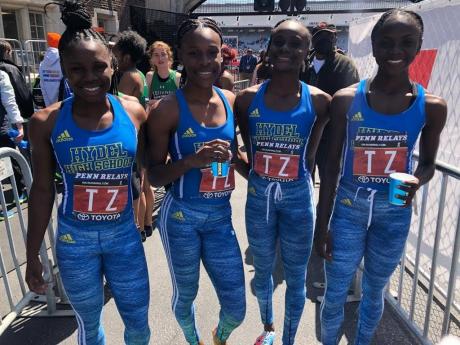 Members of the Hydel High School sprint relay team who ran the second fastest time going into today’s final at the Penn Relays in Philadelphia. From left: Oneka Wilson, Alana Reid, Kerrica Hill and Brianna Lyston.