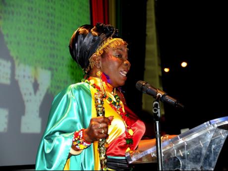 Rita Marley addresses the audience at Emancipation Park at the showing of the Bob Marley documentary.