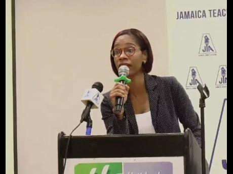 Simone Clarke-Cooper delivering the keynote address at the opening session of the Jamaica Teachers’ Association’s annual Helen Stills Professional Day celebration, held at the Holiday Inn Resort in Montego Bay on Thursday, May 5.