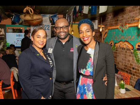Director of Tourism, Donovan White (centre), flanked by new Jamaica Tourist Board manager for New York, Victoria Harper (left) and public relations manager Fiona Fennel.