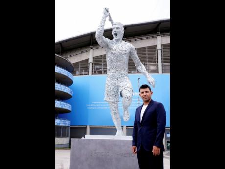 Manchester City Club legend, Argentinian Sergio Aguero, attends the unveiling of his statue outside the Etihad Stadium yesterday, to commemorate the tenth anniversary of the Club’s first Premier League title and the iconic ‘93:20’ moment in Mancheste