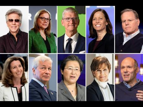 This combination photo shows the highest-paid male and female CEOs in the S&P 500 index for 2021, as calculated by The Associated Press and Equilar, an executive data firm. Top row, from left, Bill McDermott of ServiceNow, Mary Barra of General Motors, Tim
