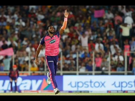 
West Indies and  Rajasthan Royals seamer Obed McCoy celebrates one of his three wickets in an Indian Premier League qualifier against the Royal Challengers Bangalore on Friday.