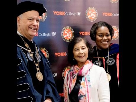 From left: Félix V. Matos Rodríguez, chancellor, City University of New York; Patricia ‘Miss Pat’ Chin, co-founder and president of VP Records and Dr Berenecea Johnson Eanes, president, York College.
