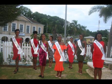 The eight contestants in the 2022 Miss Hanover Festival Queen competition pose for the cameras following their sashing in Bustamante Square, Lucea, Hanover, on Saturday. 