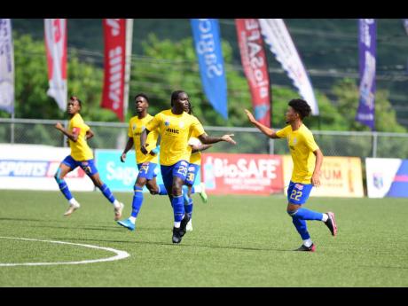 
Harbour View players celebrate during a Jamaica Premier League game.