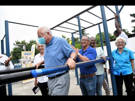 Member of Parliament Delroy Chuck testing the exercise bars at the Grants Pen Peace Park in his St Andrew North East constituency on Sunday. Looking on are (from left) Pastor Ian Muirhead; Glendon Nam, director of Island Dairies/Cremo; Joy Cotterel, counci