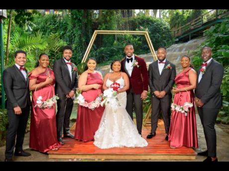 Support knew no bounds for this wonderful bridal party. From left: Adrian Polack, Tammie-Kaye Gregory, Patrick Changor, Clavonna Lowe, the bride and groom, Sherman Davis, Tyeesha Palmer-Morgan and Jermaine Cole.
