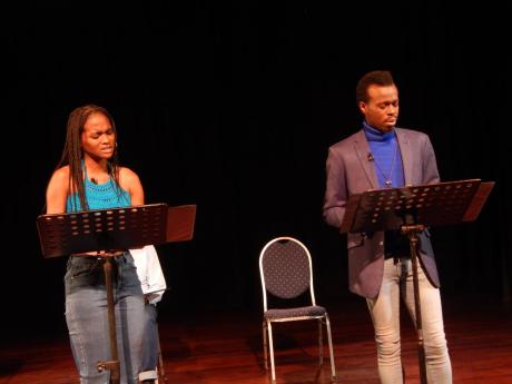 ‘Bar Girl of Jamaica’ actors Quera South (left) and Desmond Dennis on stage at the Philip Sherlock Centre for the Creative Arts, Mona.