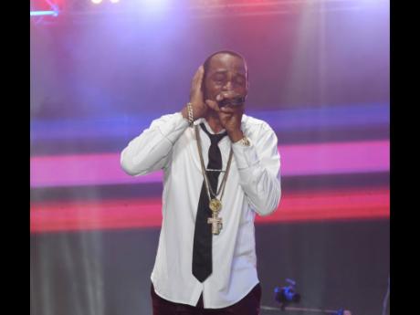 Veteran singer Sanchez collects himself as he gets emotional on stage at the Jamaica Rum Festival held last Saturday at The Aqueduct in Rose Hall, Montego Bay. 