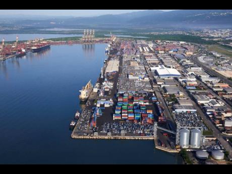 An aerial view of Kingston Wharves Limited and the Newport West shipping community.