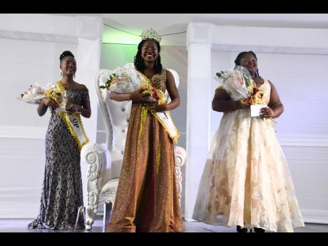 Miss St James Festival Queen 2022, Shavae Scale (centre), is flanked by first runner-up, Nafheeti Whittingham (left) and second runner-up, Claudine Mitchell, at the parish coronation held at the Montego Bay Cultural Arts Centre on Sunday.