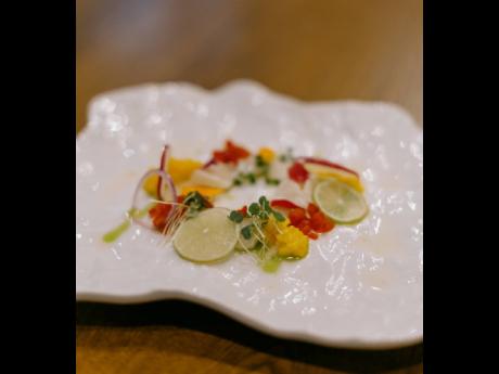 The scallop ceviche was a symphony of citrus, herbs, and fruit.