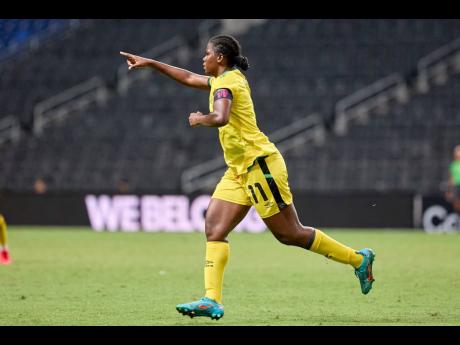Reggae Girlz captain Khadija Shaw celebrates scoring a goal against Haiti in a Concacaf Women’s Championship game at the Estadio BBVA in Monterrey on Monday.