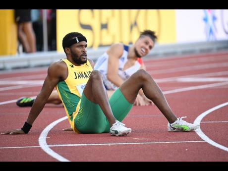 Jaheel Hyde of Jamaica, moments after clocking a personal best 48.03 seconds for sixth in the men’s 400 metres hurdles final,  at the  World Athletics Championships in Eugene, Oregon on Tuesday night. 