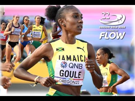 Jamaican athletes, from left, Adelle Tracey, Natoya Goule, and Chrisann Gordon-Powell during their 800-metre first-round heats on day seven of the World Athletics Championships at the Hayward Field in Eugene, Oregon.