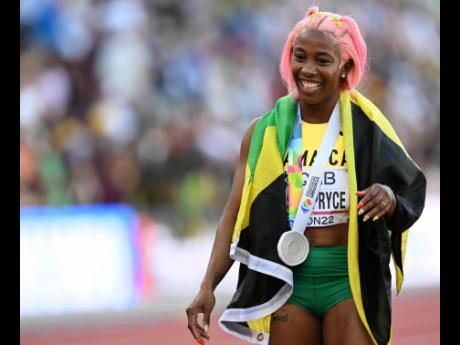 Jamaica’s Shelly-Ann Fraser-Pryce celebrates a silver medal in the women’s 200 metres on Day Six of the World Athletics Championships at Hayward Field in Eugene, Oregon on Thursday.