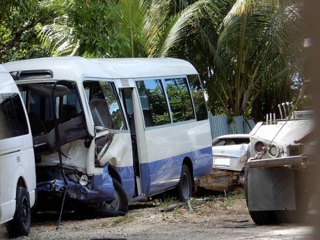 The Toyota Coaster bus involved in the Llandovery main road crash in St Ann.