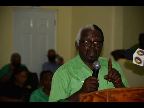 Pearnel Charles Sr, former deputy leader of the Jamaica Labour Party, addressing a party meeting at Nain Basic School in St Elizabeth on Sunday.