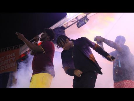  Dancehall newcomer, Marksman (right), performs at Celebrity Playground, the first event of Dream Weekend 2022. He is joined on stage by viral sensation and artiste Biggs Don during his set. 