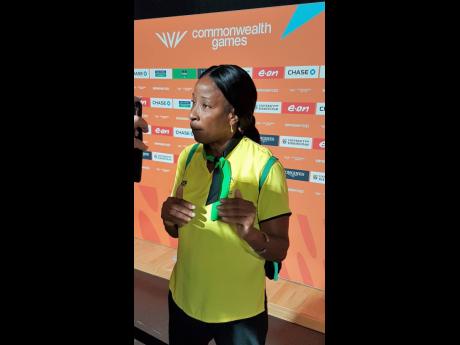 Jamaica’s coach Connie Francis speaks to reporters after her Sunshine Girls 103-24 win over the Barbados Gems in Pool A action at the Commonwealth Games inside the National Exhibition Centre in Birmingham, England yesterday.