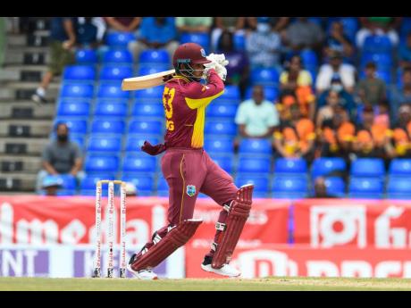 West Indies batsman Brandon King pulls for four during the third T20I match against India at Warner Park in Basseterre, Saint Kitts and Nevis yesterday. 