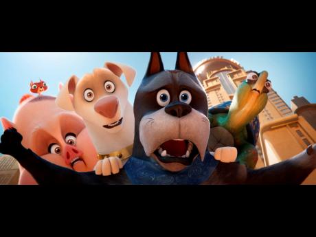 This image released by Warner Bros Pictures shows characters (from left), Chip, a squirrel voiced by Diego Luna; PB, a potbellied pig voiced by Vanessa Bayer; Krypto, voiced by Dwayne Johnson; Ace, voiced by Kevin Hart and Merton, a turtle voiced by Natash