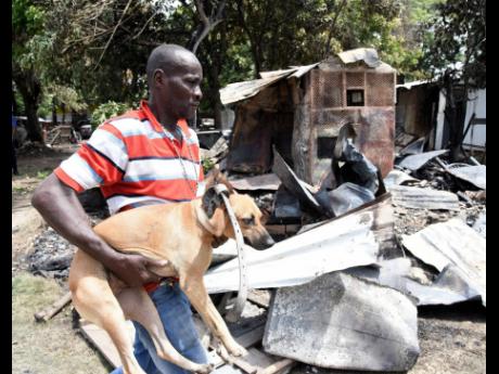 Donovan Anderson, a resident of Mexico in Gregory Park, St Catherine, carries his dog to a waiting truck on Thursday after 11 houses were burnt to the ground in firebombing attacks. Anderson says he does not feel safe anymore and was moving out of the comm