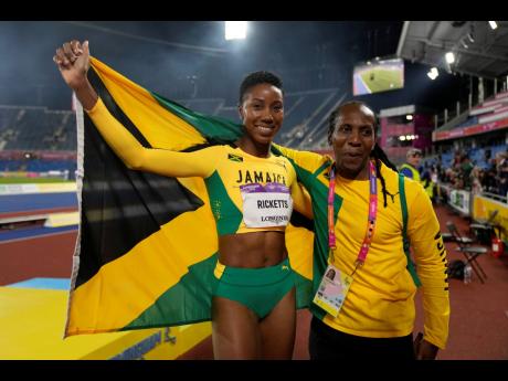 Shanieka Ricketts of Jamaica celebrates after winning the gold medal in the women’s triple jump final during the athletics competition in the Alexander Stadium at the Commonwealth Games in Birmingham, England yesterday.