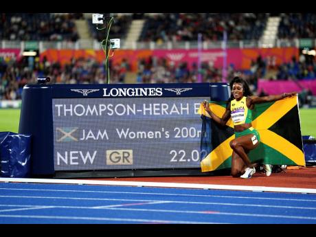 Jamaica’s Elaine Thompson-Herah celebrates winning gold in the Women’s 200m Final on day nine of the 2022 Commonwealth Games in Birmingham, England yesterday.