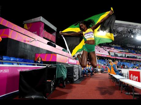Jamaica’s Elaine Thompson-Herah celebrates winning gold in the Women’s 200m Final on day nine of the 2022 Commonwealth Games in Birmingham, England yesterday.