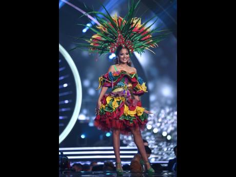 Daena Soares, Miss Universe Jamaica 2021, on stage  during the National Costume Show at the Universe Arena in Eilat, Israel on December 10, 2021. The National Costume Show is an international tradition where contestants display an authentic costume of choi