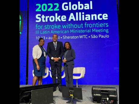 (From left) Gillian Gordon-Perue, assistant professor of neurology at the University of Miami; Minister of Health and Wellness Dr Christopher Tufton; and Dr Tameka March-Downer, consultant neurologist at the University Hospital of the West Indies, at a Glo