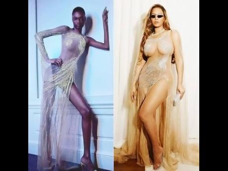 SAINT’s model star Naki Depass (left) debuted the Celia Kritharioti-designed nude sheer, high-slit couture gown which music superstar Beyonce wound up wearing to a Grammy Awards after-party earlier this year.